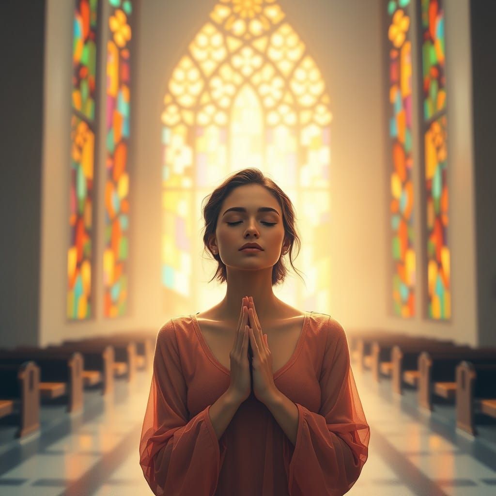 Serene Figure in Faithful Devotion, Amidst Vibrant Stained G...