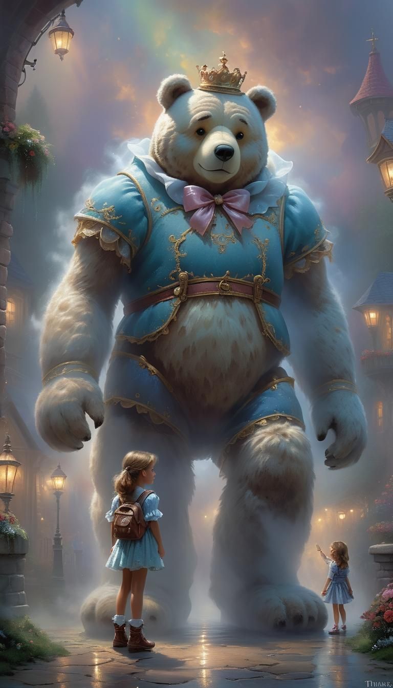 Girl and Giant Teddy Bear in Ethereal Fantasy