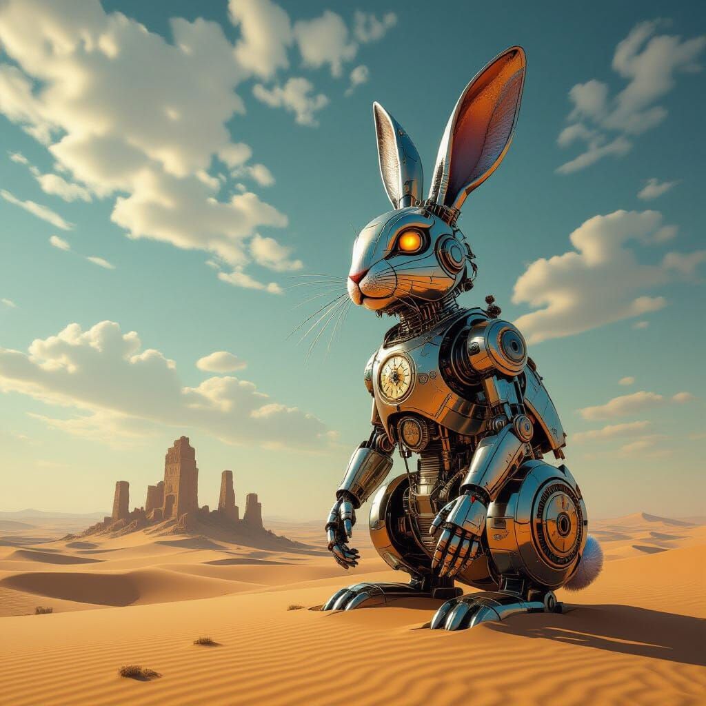 Clockwork Rabbit Guardian in Vast Desert