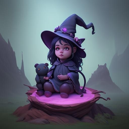 Adorable Baby Bear Witch in Detailed Matte Painting