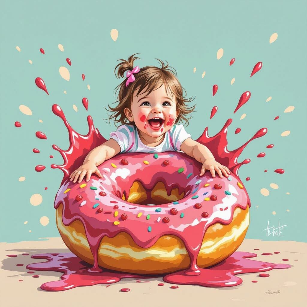 Joyful Girl Covered in Jam on Exploding Donut