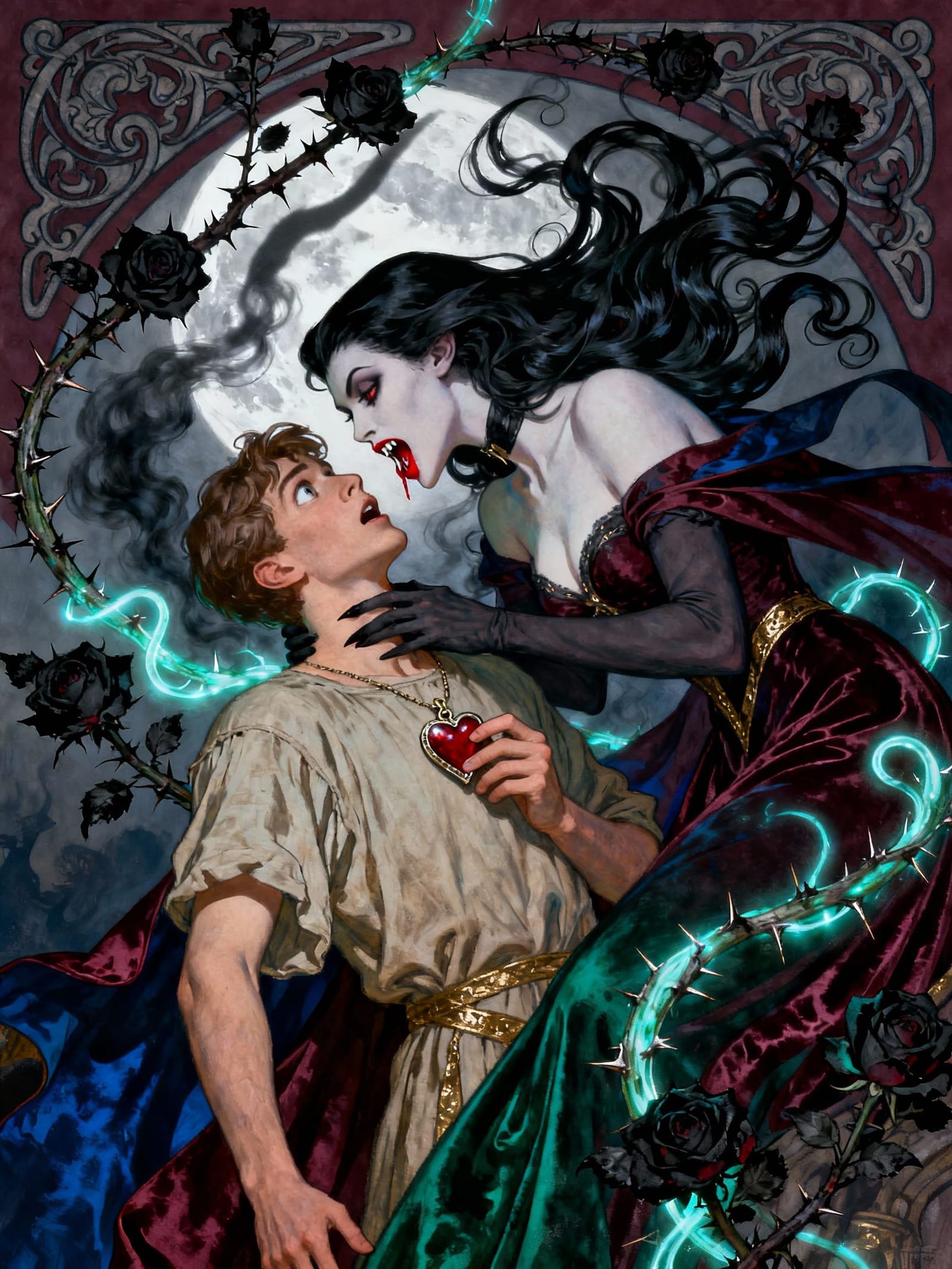 Gothic Valentine Vampire Sips Blood as Young Man Gazes