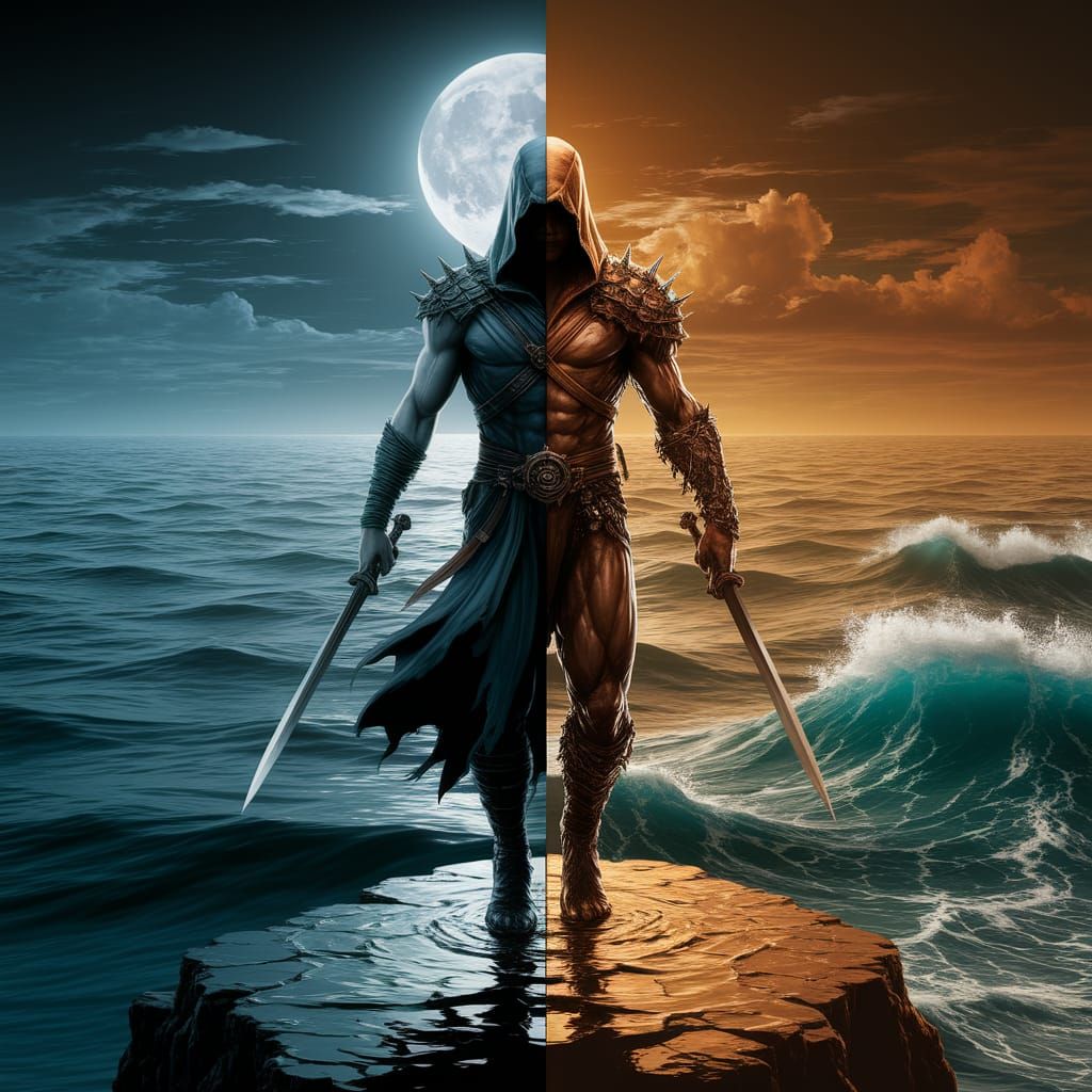 Assassin on Precipice: Moonlight Meets Stormy Sea
