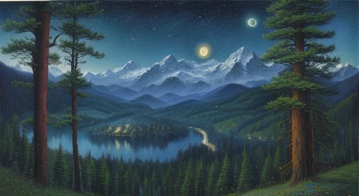 Pine Forest Starry Night Oil Painting