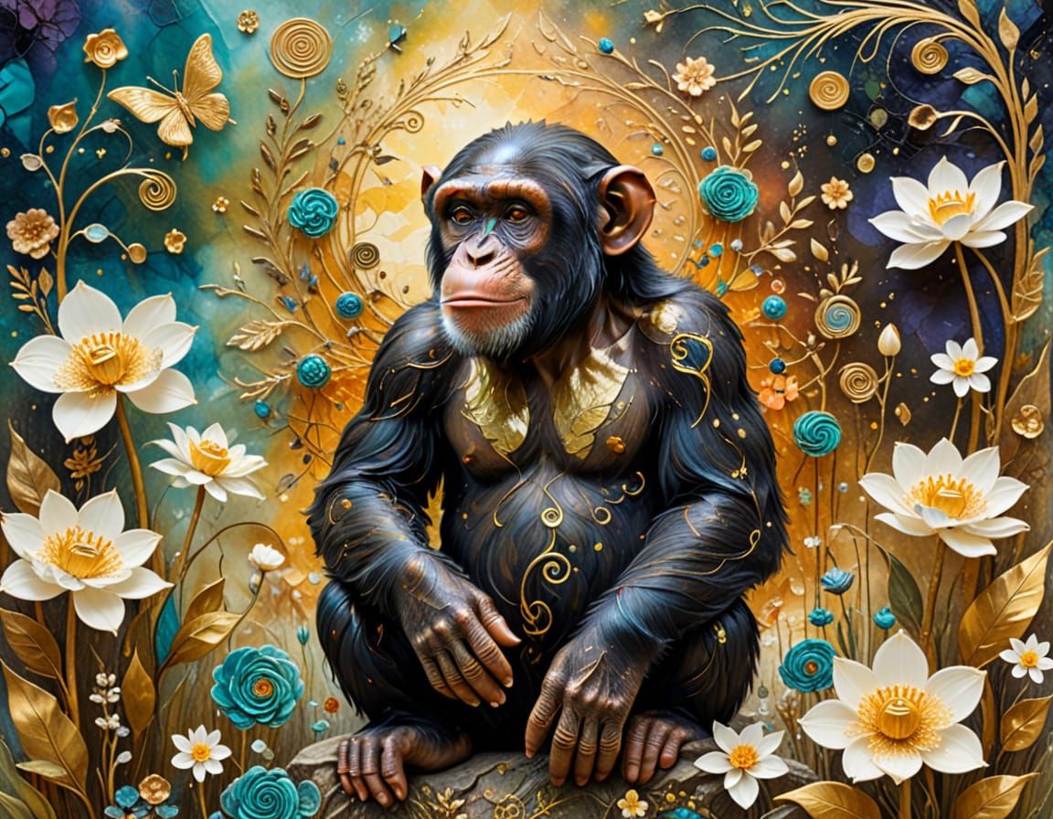 Chimpanzee and Duckling in Surrealist Alcohol Ink