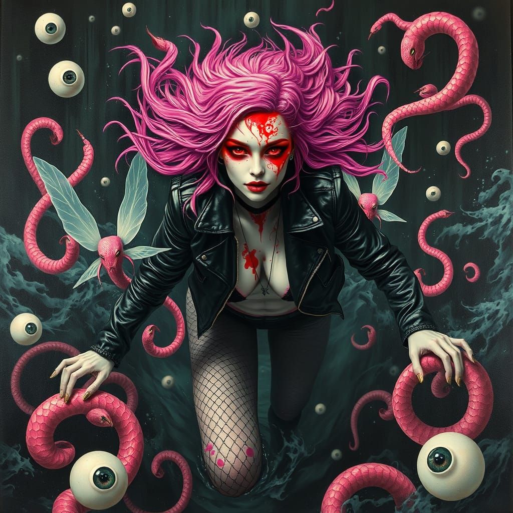 Cyberpunk Woman in Surreal Biomechanical Seascape