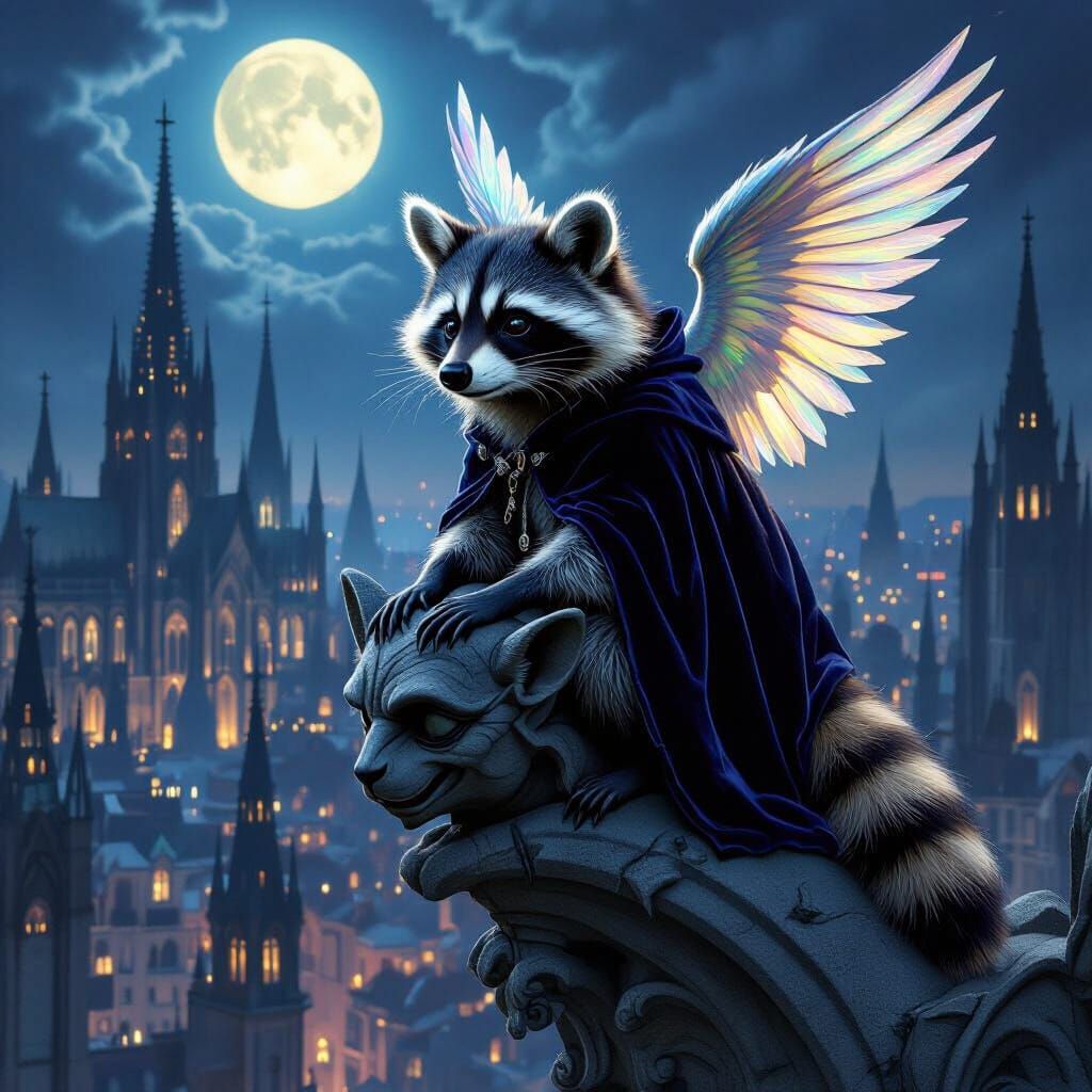 Raccoon Angel Over Gothic Cityscape in Hyperrealism