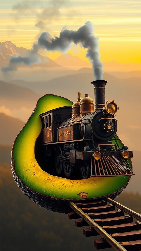 Weathered Steam Train Erupts from Halved Avocado