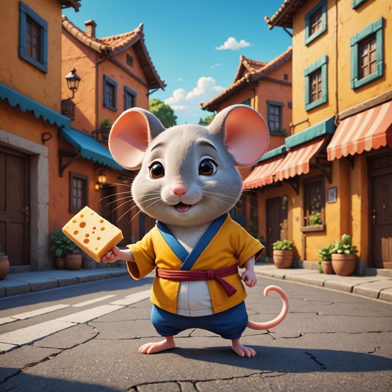 Cartoon Mouse Karateka in Cheese Town: 3D Digital Art
