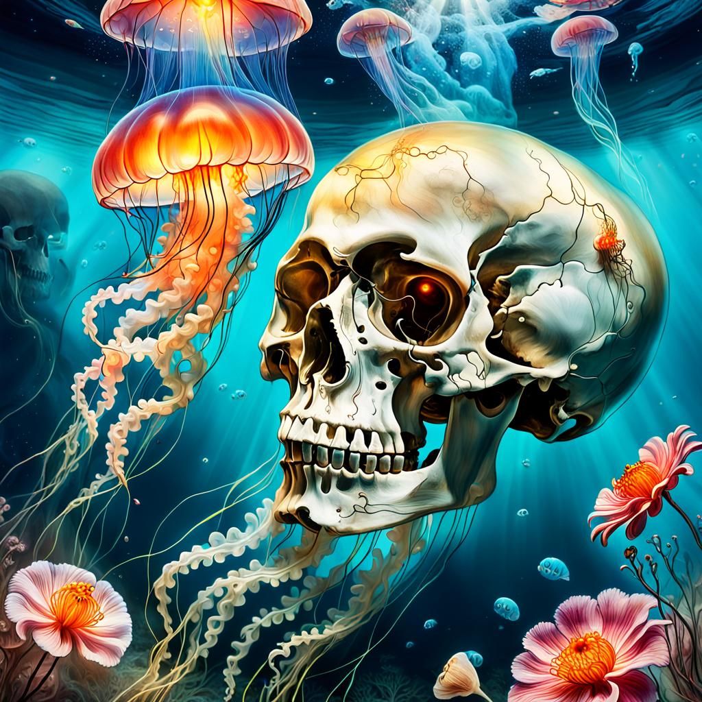 Dreamlike Oceanic Scene with Jellyfish and Skull