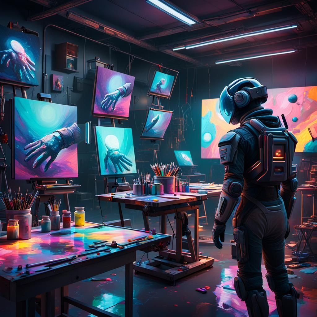 Futuristic Painter in Studio with Neon Art