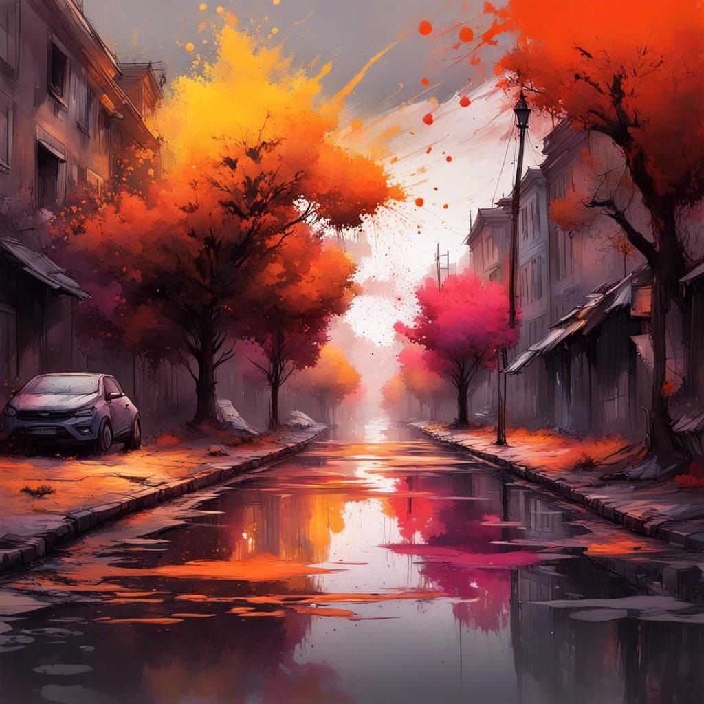 Autumn Cityscape in Splatter Ink Style