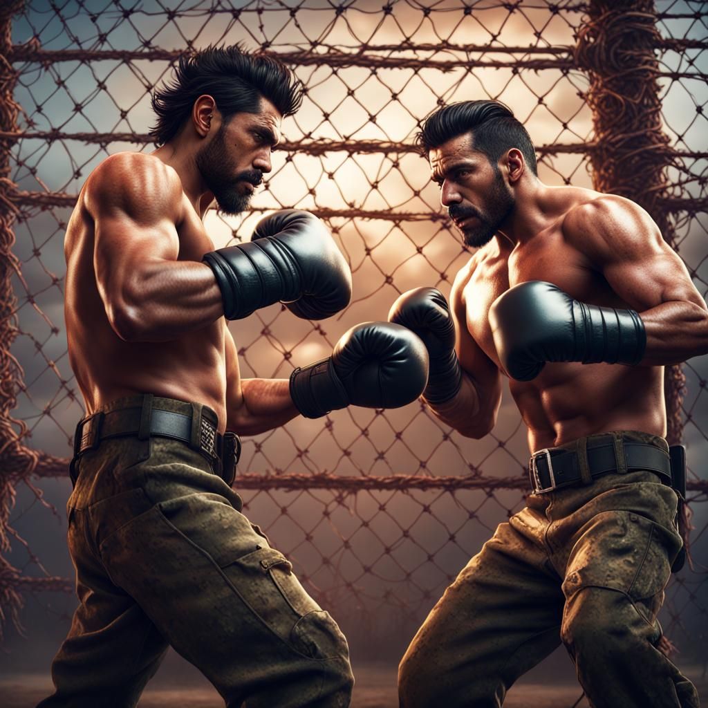 Shirtless Boxers in Military Uniforms in Cage