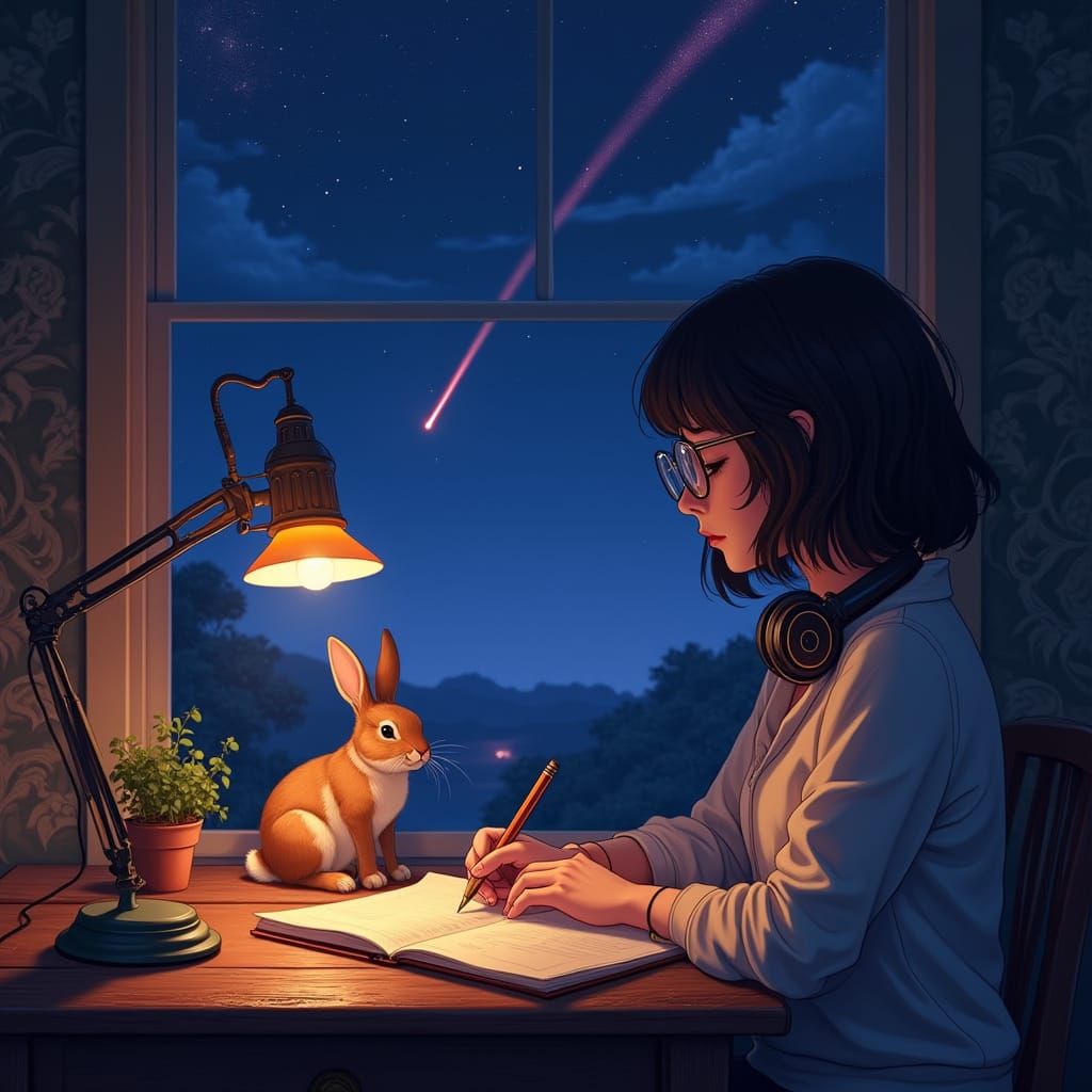 Lofi Girl Studying Under Warm Light, Fantasy Art