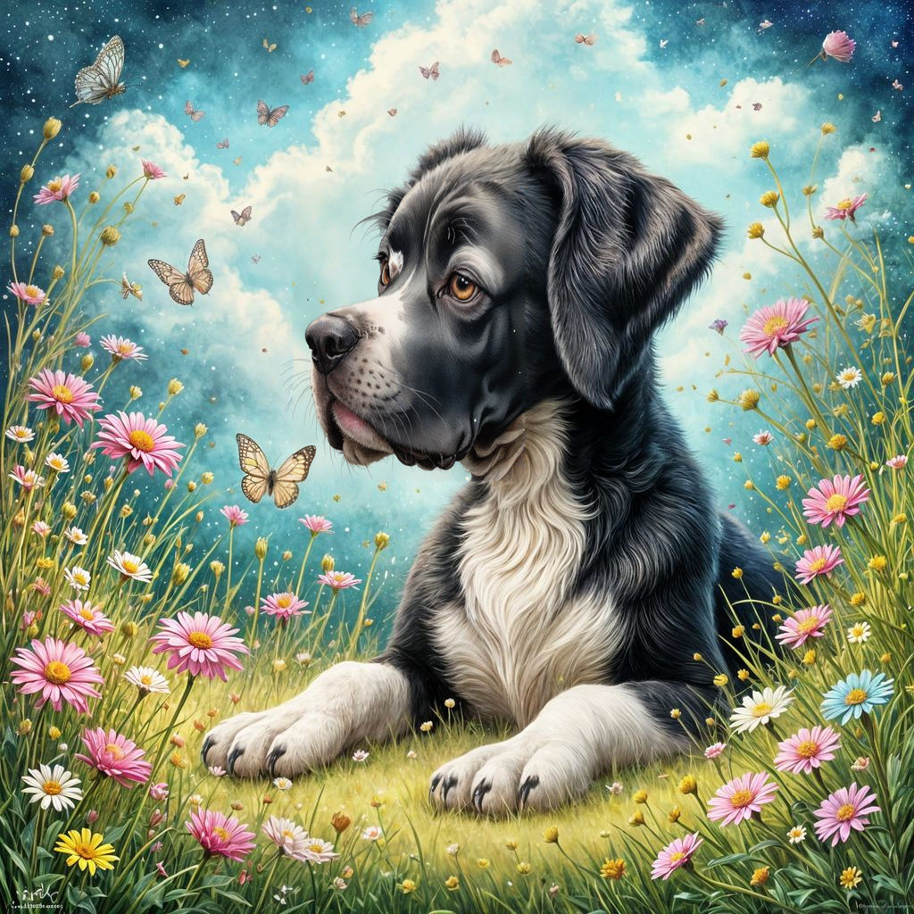 Whimsical Watercolor Puppy and Butterfly in Floral Wonderlan...