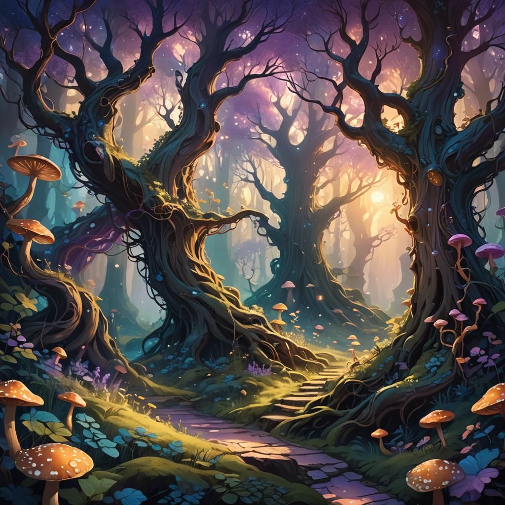 Glowing Mystical Forest in Whimsical Fantasy Art