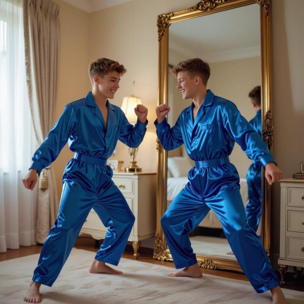 Teen Boys in Blue Jumpsuits Stretch in Elegant Room