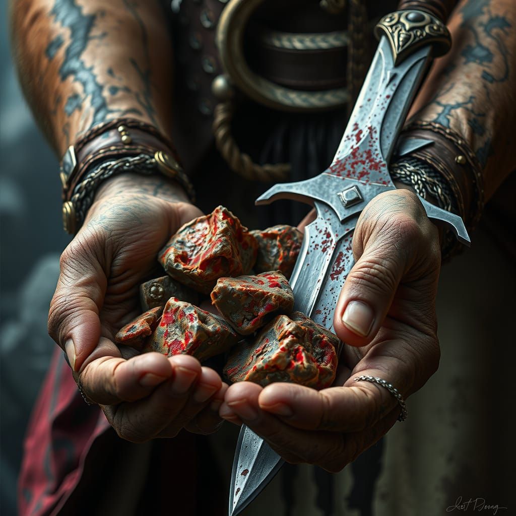 Weathered Warrior's Hands Hold Drained Stones