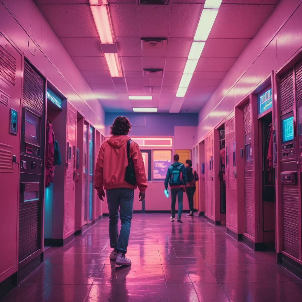 Neon School Hallway in Synthwave Retro Style