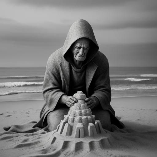 Family Builds Sandcastle: Detailed Charcoal Drawing