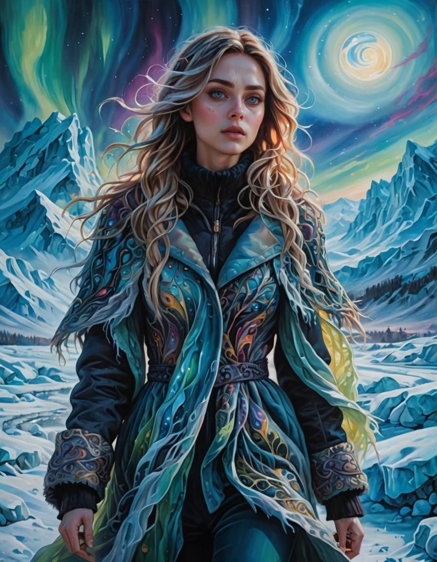 Woman in Frozen Landscape with Aurora Borealis
