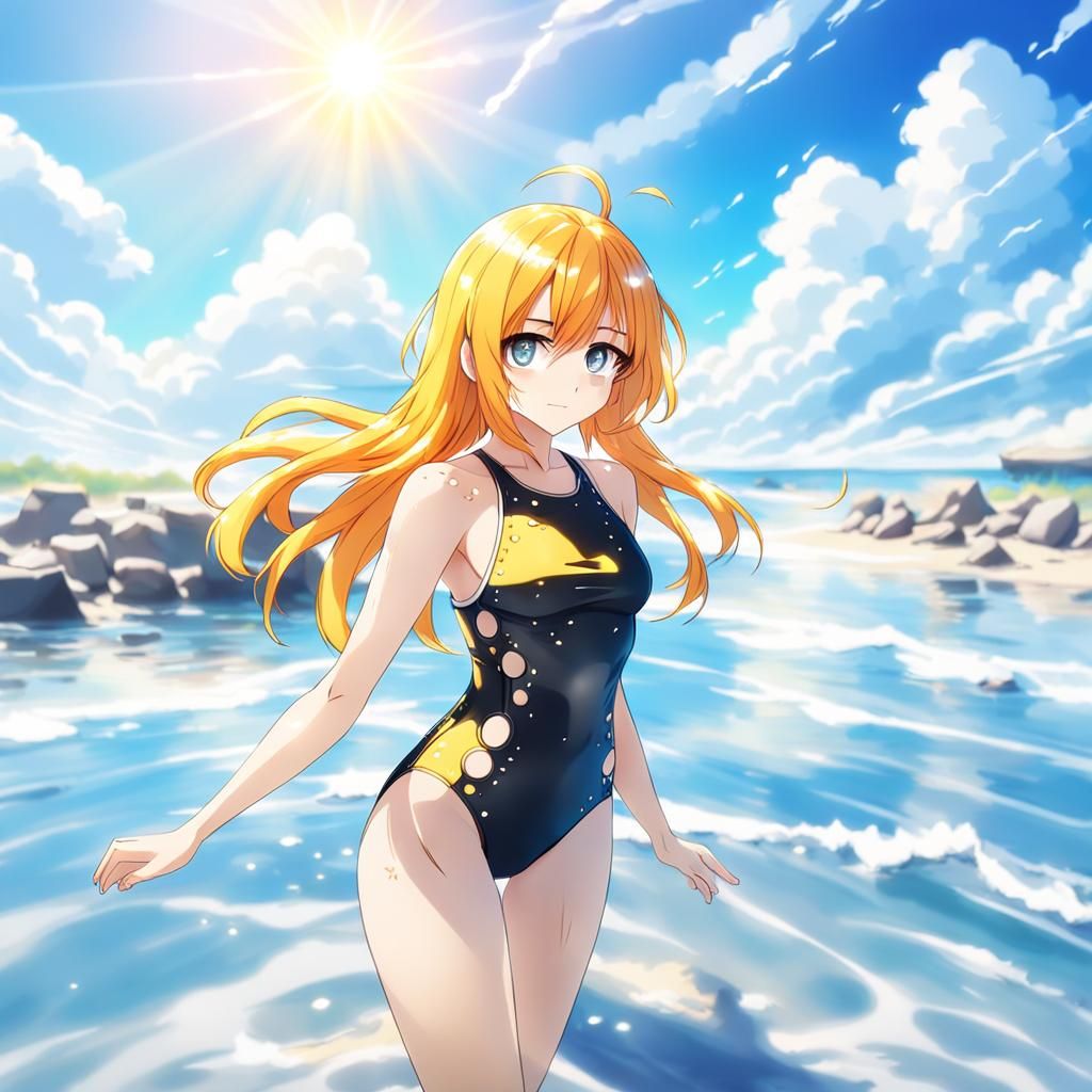 Anime Woman on Beach in Divine Sunshine