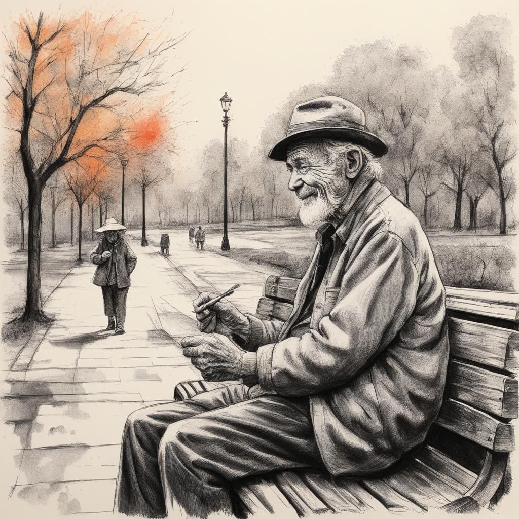 Vintage Oil Painting: Old Man and Lady on Bench