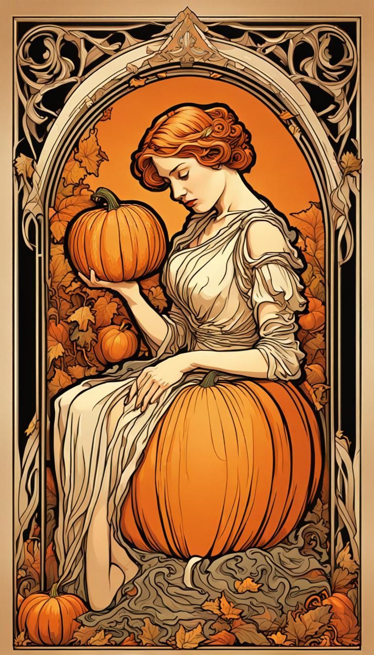 Women Carving Pumpkins in Art Nouveau Style