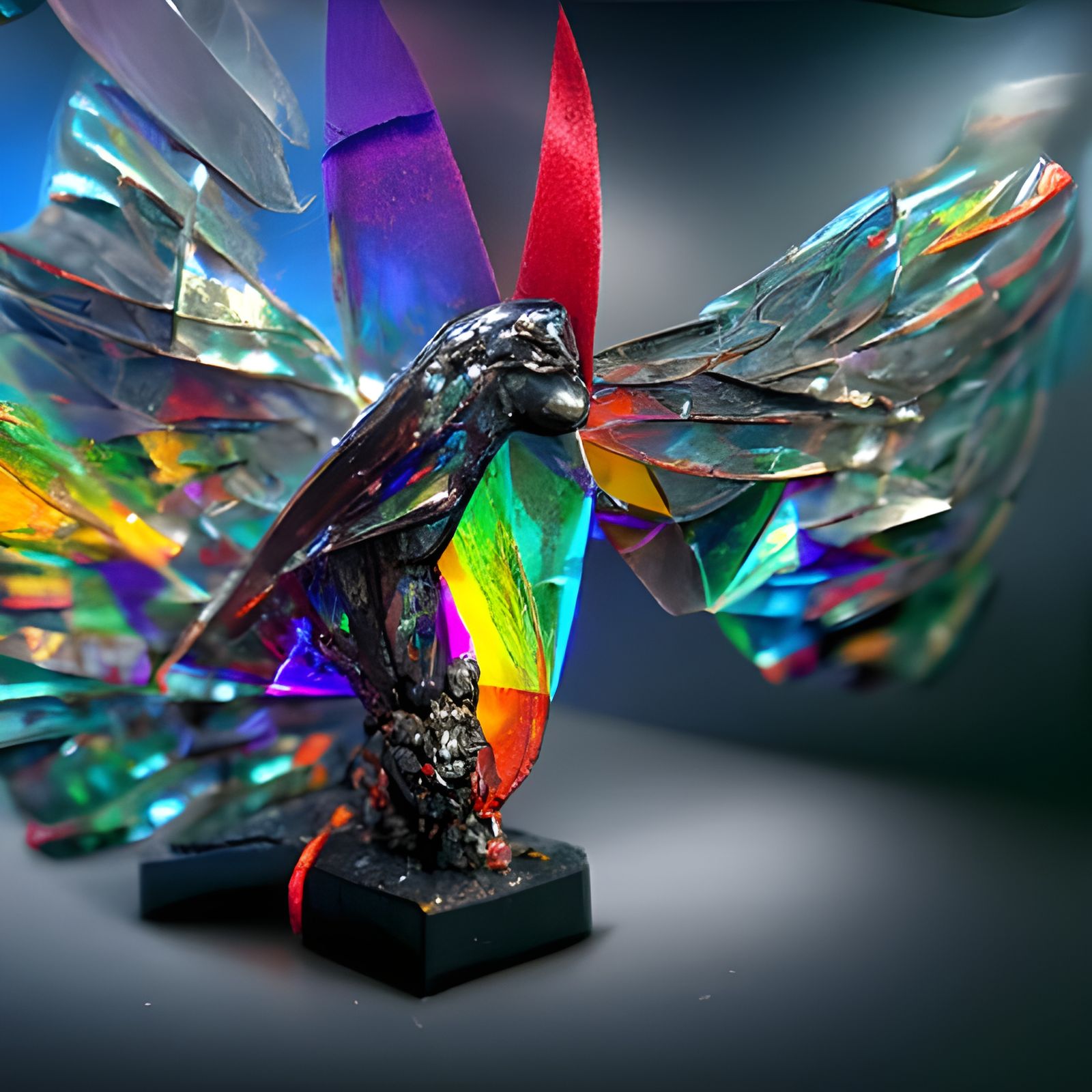 Glowing Rainbow Crystal Winged Sculpture in 3D