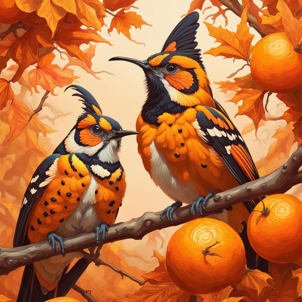 Orange Birds in Autumnal Scene, Hyperdetailed Art