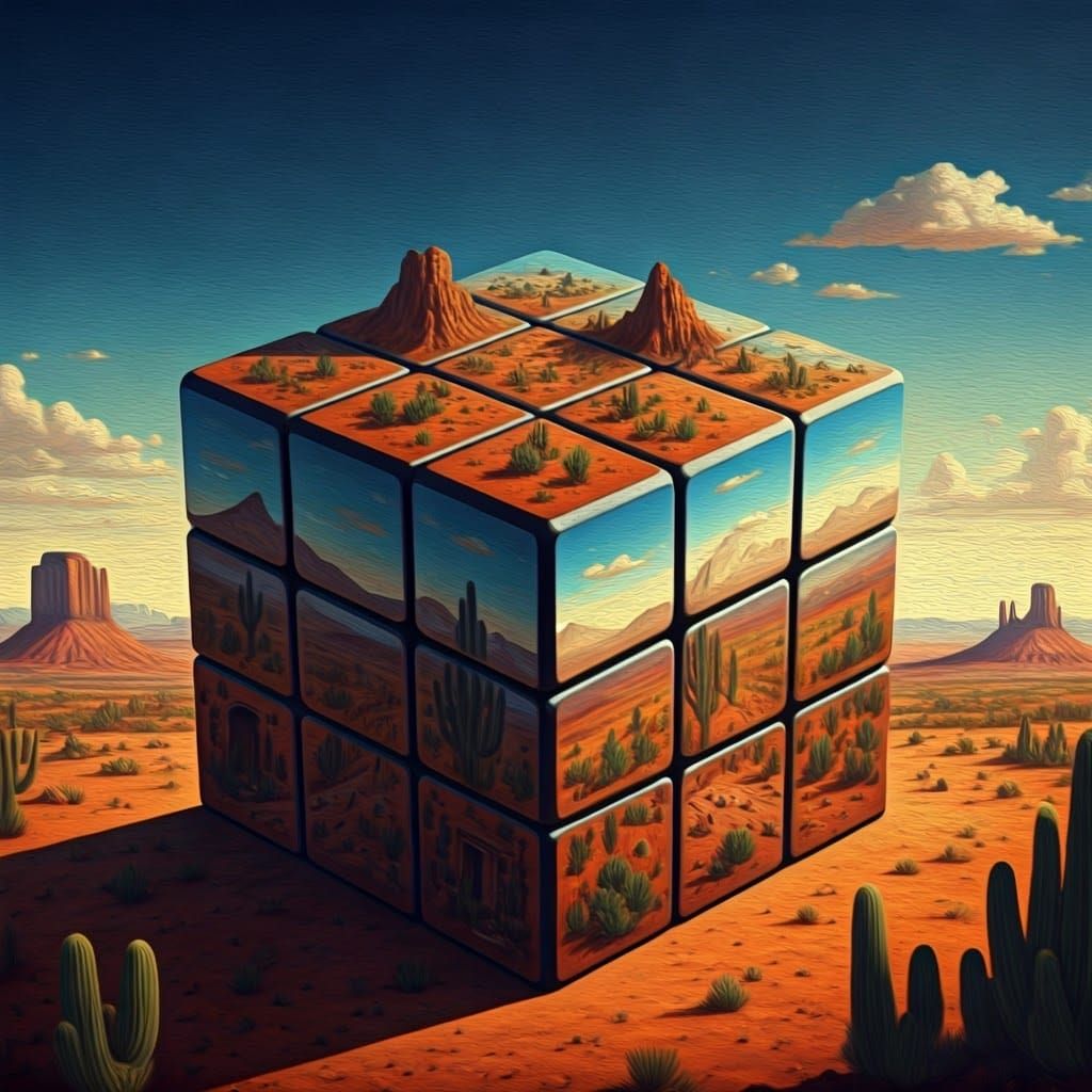 Surreal Western Frontier Rubiks Cube in Vibrant Oil Paints