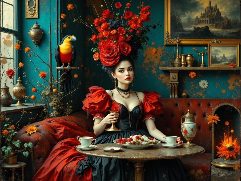 Red Baroness Tea Party in Opulent Salon, Detailed Digital Ar...