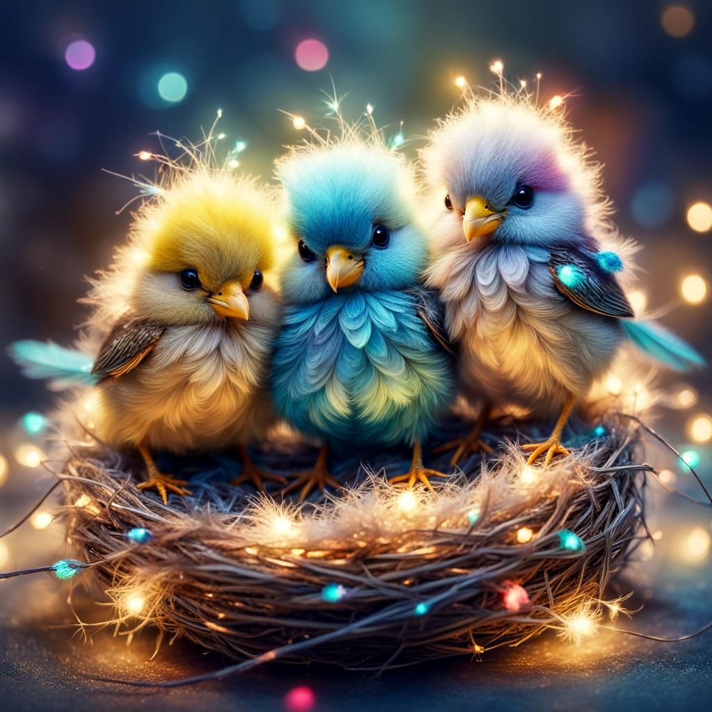 Fluffy Baby Birds in Fairy Light Nest
