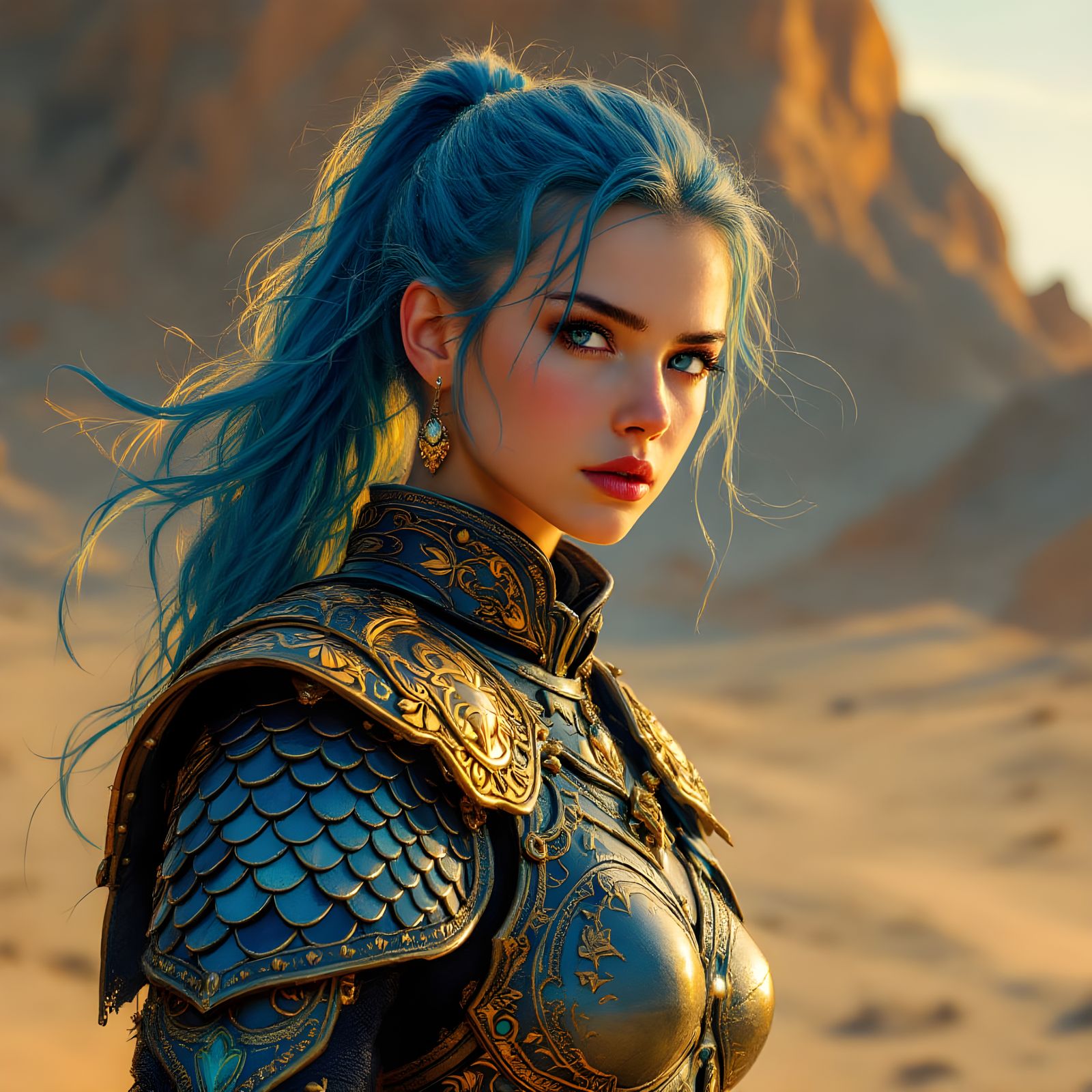 Blue-Haired Warrior Girl in Desert Landscape