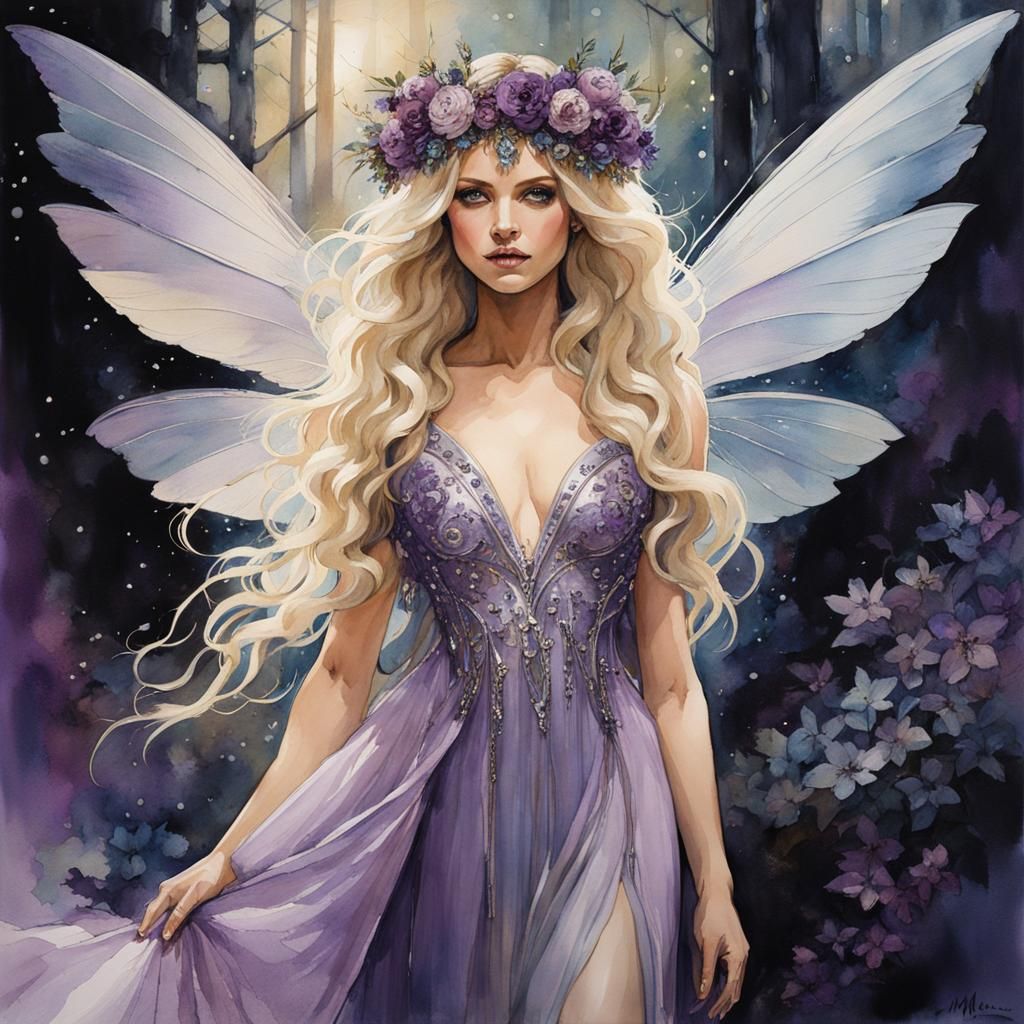 Pale Fairy in Enchanted Forest: Watercolor Painting