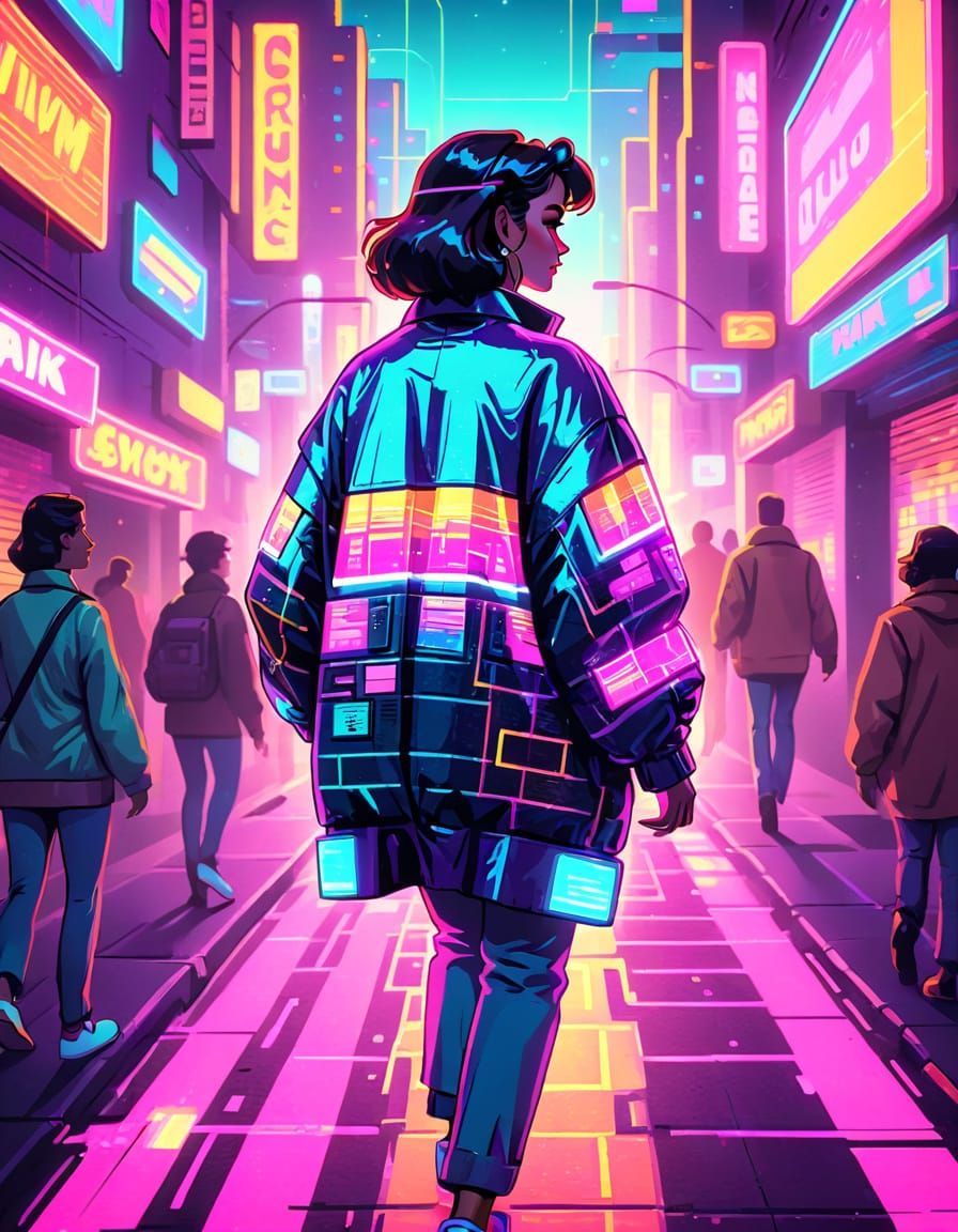 Retro 80s Neon Street Scene with Glowing Cassettes