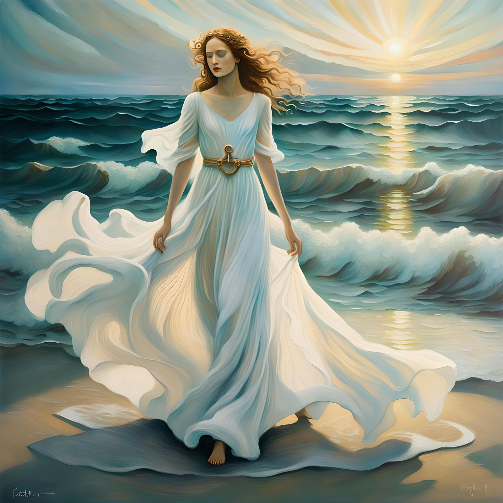Woman Walks on Ocean Floor in Divine Light