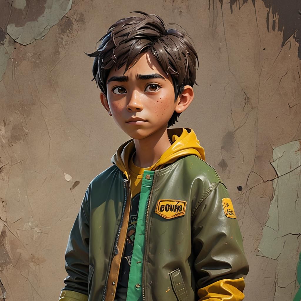 Vibrant 3D Art of Boy in Torn Vinyl Jacket