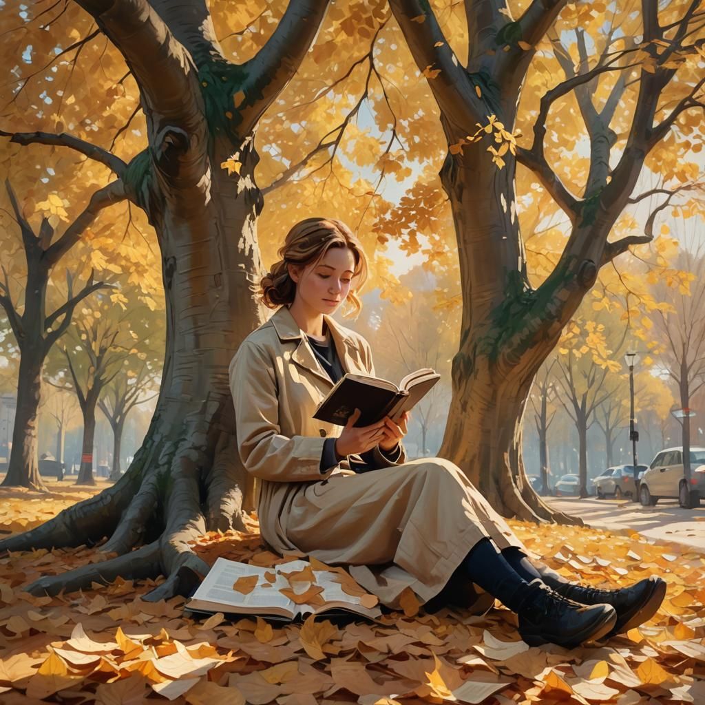 Impressionist Woman Reading Under Autumn Tree
