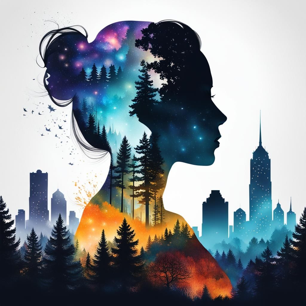 Woman's Silhouette Double Exposure with Cityscape