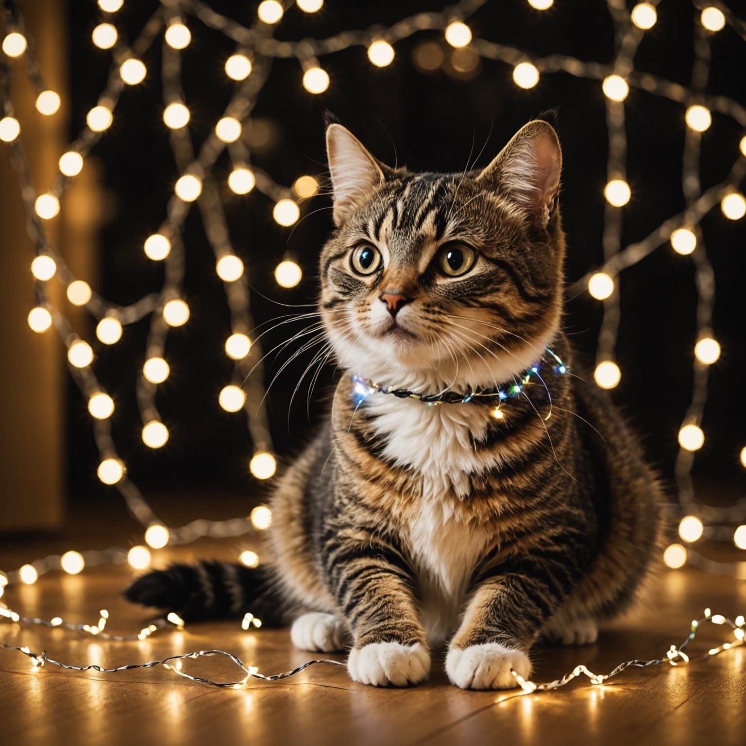 Feline Enchantress Plays with Twinkling Lights