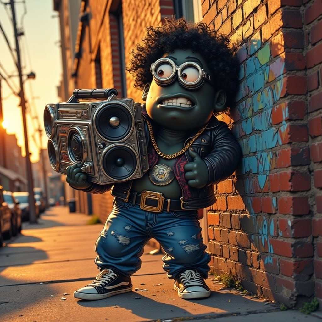 Hip Hop Minion with Boombox at Golden Hour Sunset
