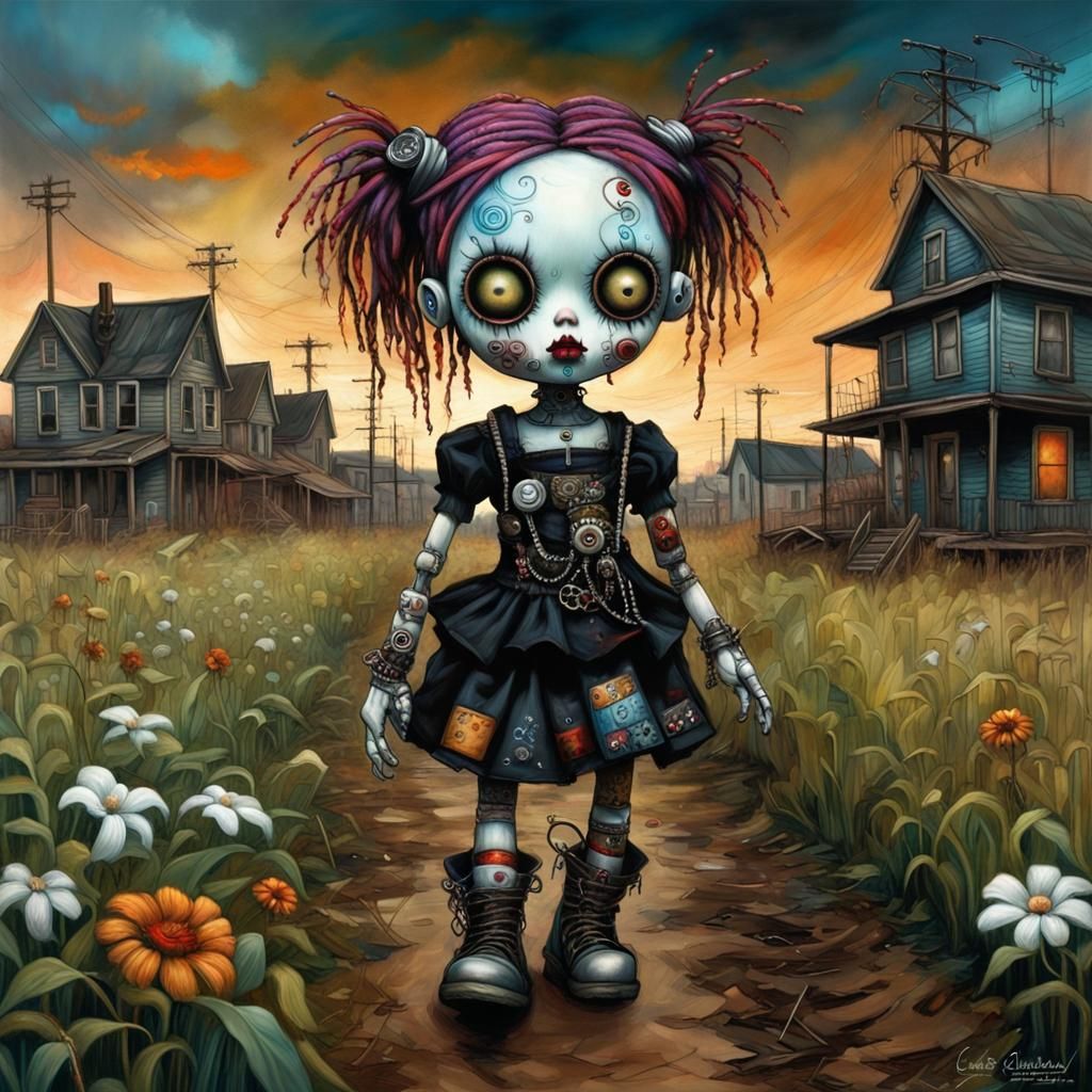 Cyberpunk Ragdoll in Apocalyptic Art Nouveau Landscape