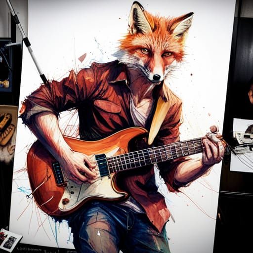 Fox Rockstar: Detailed Portrait with Electric Guitar
