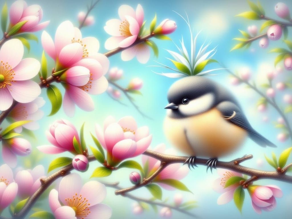 Whimsical Cherry Blossom Chickadee in Impressionistic Style