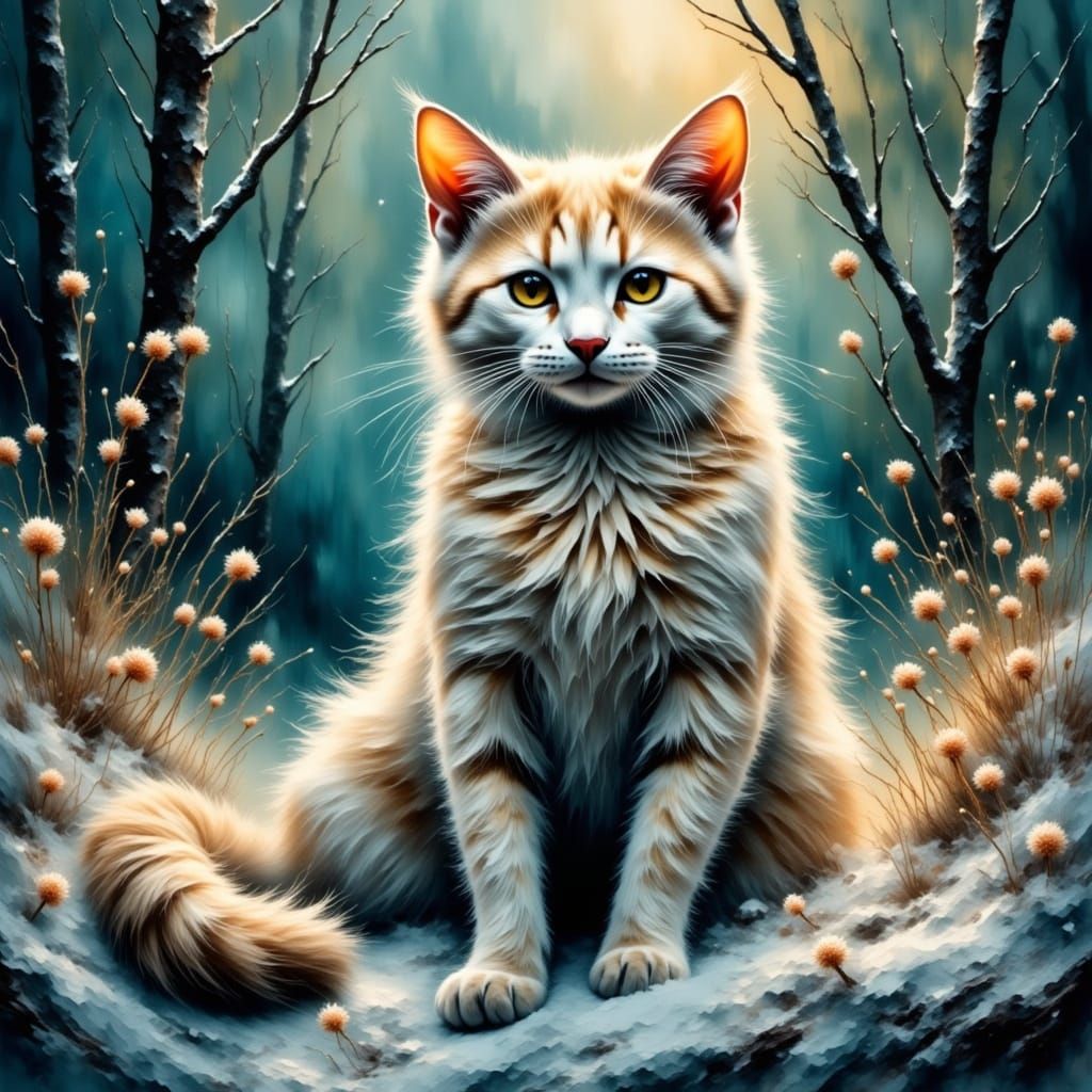 Whimsical Oil Painting of Snow White's Cat in a Blizzard