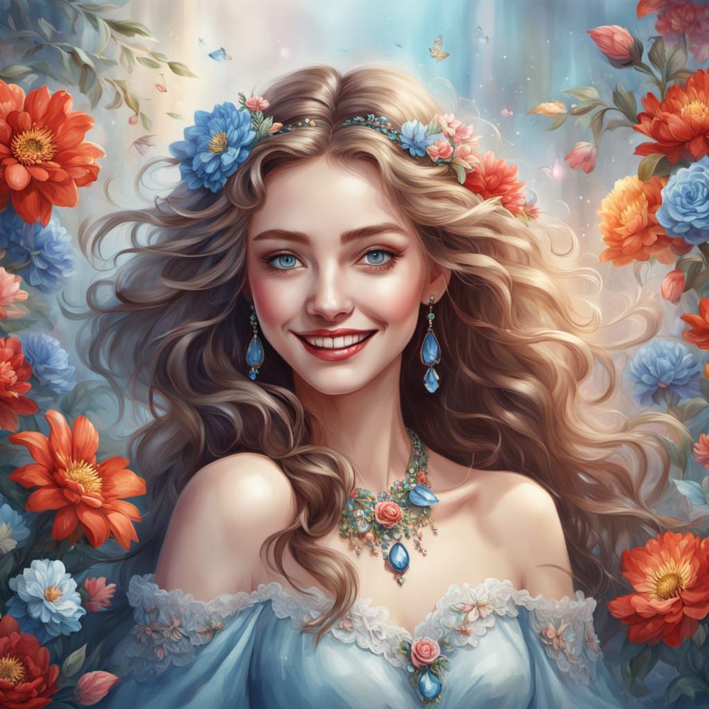 Ethereal Digital Painting of a Joyful Woman with Flowers