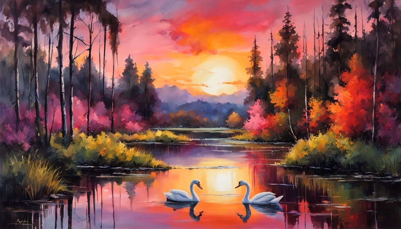 Expressionist Summer Landscape with Sunset Reflection