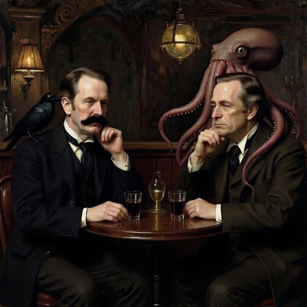 Literary Icons Enjoy Drinks at a Bar with a Raven