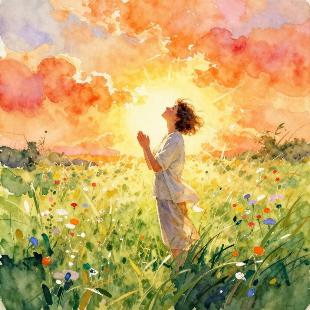 Spiritual Meadow Scene in Expressive Watercolor Style
